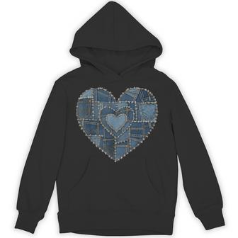 Grunge Heart Aesthetic Blue Denim Patchwork Graphic Hoodie - Thegiftio UK