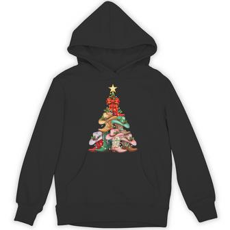 Howdy Christmas Tree Western Cowgirl Boots Xmas Lights Hoodie - Thegiftio UK