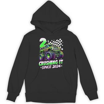 Monster Truck 2 Year Old Boys 2Nd Birthday Party Born 2024 Hoodie - Thegiftio UK