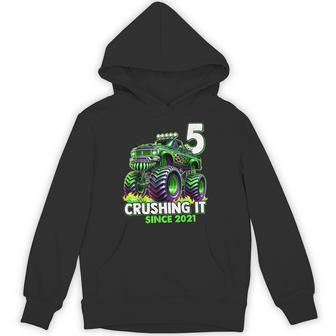 Monster Truck 5Th Birthday Boy Crushing It Since 2021 Hoodie - Seseable