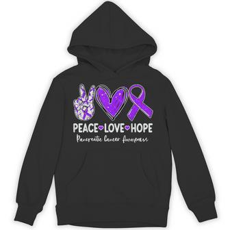 Peace Love Hope Pancreatic Cancer Awareness Ribbon Purple Hoodie - Thegiftio UK