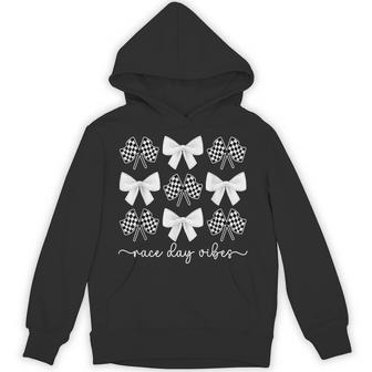 Race Day Vibes Checkered Flag Car Racing Day Race Days Bow Hoodie - Thegiftio UK