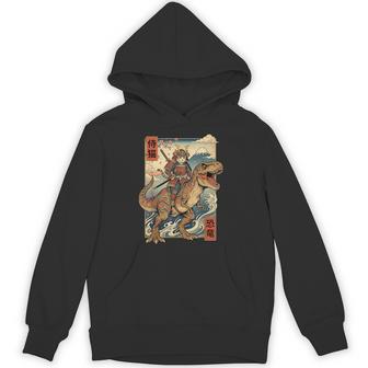 Samurai Cat Riding Dinosaur Japan T-Rex Katana Graphic Hoodie - Thegiftio UK