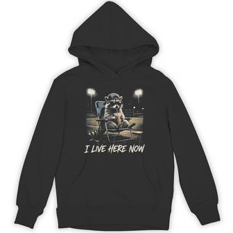 Vintage Raccoon I Live Here Now Baseball Field Game Day Hoodie - Seseable