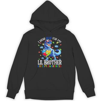I Wear Blue For My Lil Brother Autism Awareness Dinosaur Hoodie - Thegiftio UK