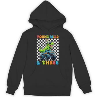 Young Wild & Three T-Rex Dino Monster Truck 3Rd Birthday Hoodie - Thegiftio UK