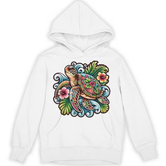 アロハ ウミガメ ハワイアン ホヌ フラワー ウェーブ オーシャン パーカー - Kawaiitshirt