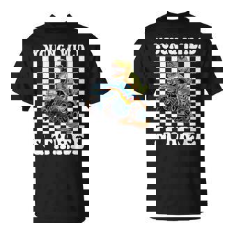 3Rd Birthday Boy Young Wild And Three Monster Truck Dinosaur T-Shirt - Monsterry