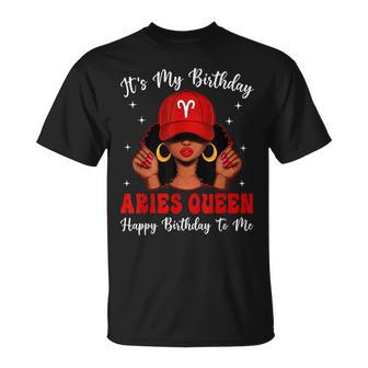 Aries Queen Afro Red Cap Black Girl Birthday T-Shirt | Mazezy