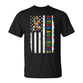 Autism Awareness American Flag Puzzle Dad Mom Womens T-Shirt | Mazezy