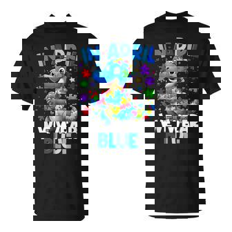 Autism Awareness April We Wear Blue T Rex Dinosaur Boy Girl T-Shirt - Thegiftio