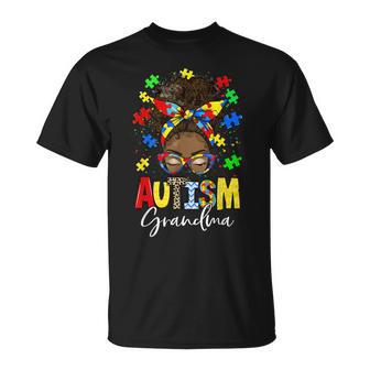 Autism Awareness Support Grandma Afro Messy Bun Black Women T-Shirt - Monsterry