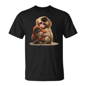 Baby Monkey Hugging Plush Cute Japanese Macaque Meme T-Shirt - Thegiftio