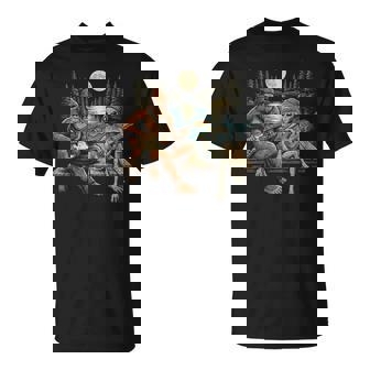 Bigfoot Alien Bass Guitar Jamming Lake Camping Moon Art T-Shirt | Mazezy