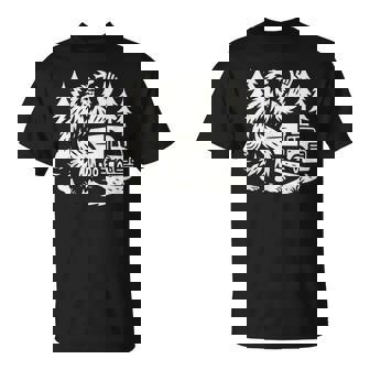 Bigfoot Cryptid Waving At Truck Driving Through Forest Road T-Shirt | Mazezy