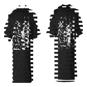 Bigfoot Swinging With Wendigo In Forest Cryptids Playing T-Shirt | Mazezy