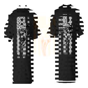 Biker Skull Vintage Art With Flames And American Flag T-Shirt | Mazezy