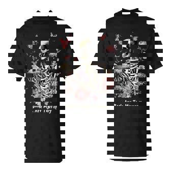 Book Are My Therapy Skeleton Book Reading Floral Butterfly T-Shirt | Mazezy