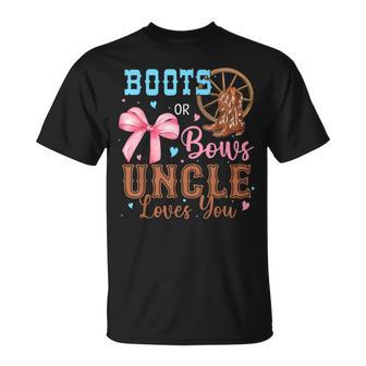 Boots Or Bows Gender Reveal Decorations Uncle Loves You T-Shirt | Mazezy