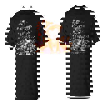 Boxer Dog Halloween Witch Graphic With Floral Fall Pumpkins T-Shirt | Mazezy