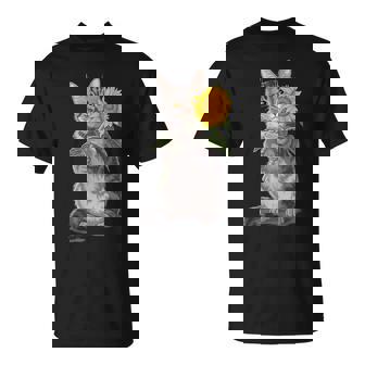 Cat Holding Sunflower T-Shirt - Monsterry