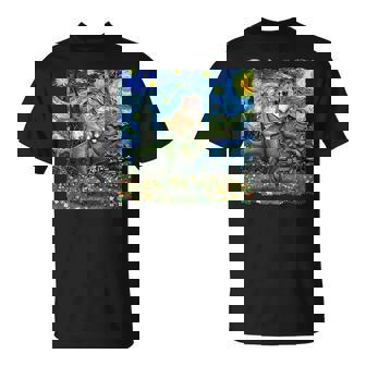 Cat Riding Dinosaur T-Rex Starry Night Van Gogh Cat Lover T-Shirt | Mazezy