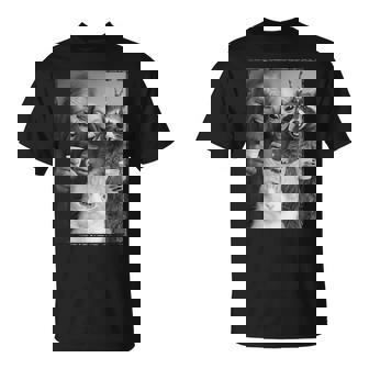 Cat Selfie With Bigfoot Alien & Racoon Cat T-Shirt - Monsterry