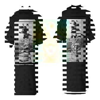 Cat Selfie With Bigfoot Riding Trex Dinosaur Alien UFO T-Shirt | Mazezy