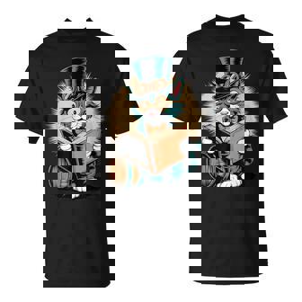 Cat In Steampunk Style Reading A Book Bookworm T-Shirt | Mazezy