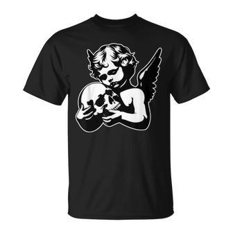 Cherub Angel Holding Skull Blackwork T-Shirt - Thegiftio UK