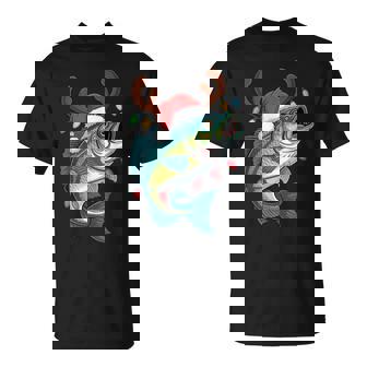 Christmas Bass Fisherman Holiday Lights Festive Fish T-Shirt | Mazezy