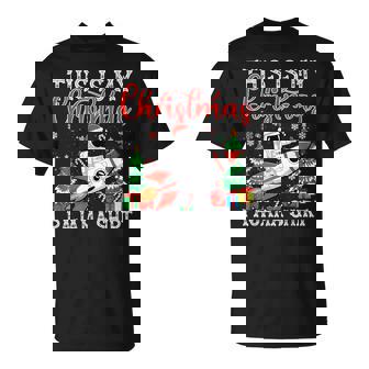 Christmas Pajama Astronaut Riding Rocket Santa Hat Lights T-Shirt | Mazezy