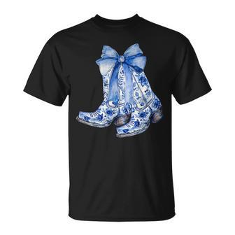 Coquette Blue Floral Boots Bow Cowboy Cowgirl T-Shirt - Monsterry
