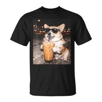 Corgi Drinking Iced Coffee Dog Meme T-Shirt | Mazezy