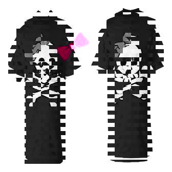 Cute Pretty Pink Skull Crossbones Girl With Hot Pink Bow T-Shirt - Monsterry