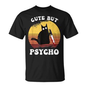Cute But Psycho Cat Knife Lustigeserrücktes Katzen T-Shirt - Geschenkecke