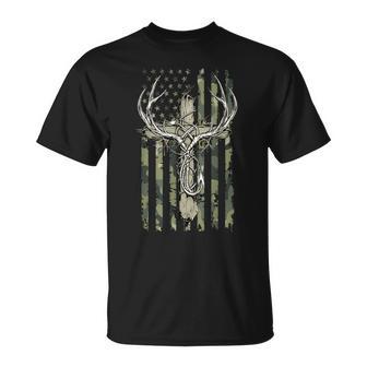 Deer Antlers Fishing Hook Christian Cross Camo Flag Boys T-Shirt | Mazezy