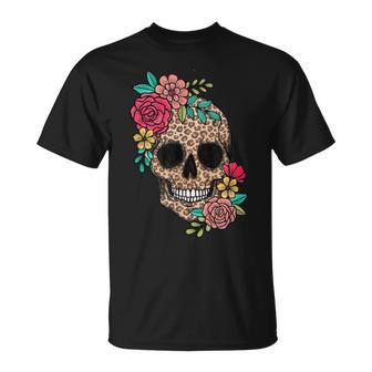Drôle Dia De Los Muertos Léopard Tête De Mort Fleur Mexicaine T-Shirt - Cadeauxyz