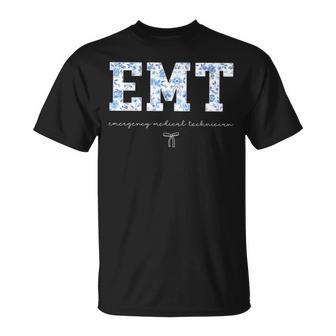 Emt Floral Blue Coquette Bow Emergency Medical Technician T-Shirt | Mazezy