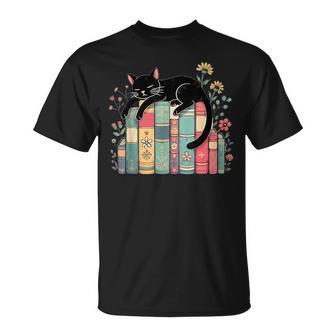 Floral Black Cat Sleeping On Books T-Shirt | Mazezy