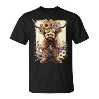 Floral Highland Cow Cowboy Boots Western Country T-Shirt - Thegiftio