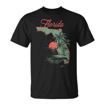 Florida Alligator State Map Wearing Retro T-Shirt | Mazezy