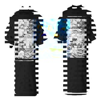 Frutiger Aero Aesthetic Tech Great Wave Of Kanagawa Fishes T-Shirt | Mazezy