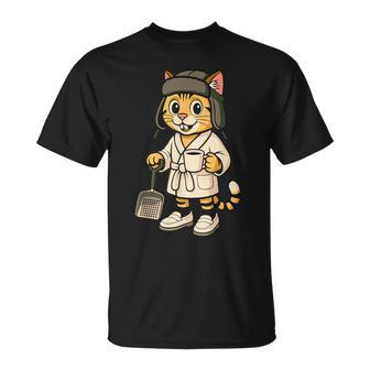 Cat Holding A Full Cup Of Coffee And Litter Box Scoop T-Shirt - Monsterry