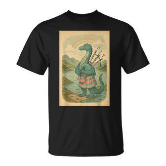 Nessie Playing Bagpipes Under A Rainbow In Scotland T-Shirt - Thegiftio