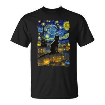 Gato Lindo Animal Estrellado Mascota Arte Noche Ilustración Camiseta unisex - Regaloses