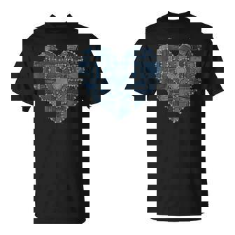 Grunge Heart Aesthetic Blue Denim Patchwork Graphic T-Shirt - Thegiftio