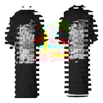 Hello Summer Flamingo Fun Beach Scene Tank Top T-Shirt | Mazezy