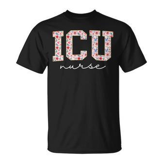 Icu Nurse Icu Nursing Icu Critical Care Floral Icu Nurse T-Shirt - Seseable
