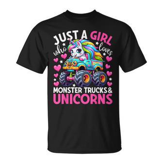 Just A Girl Who Loves Monster Trucks And Unicorns Girls T-Shirt | Mazezy